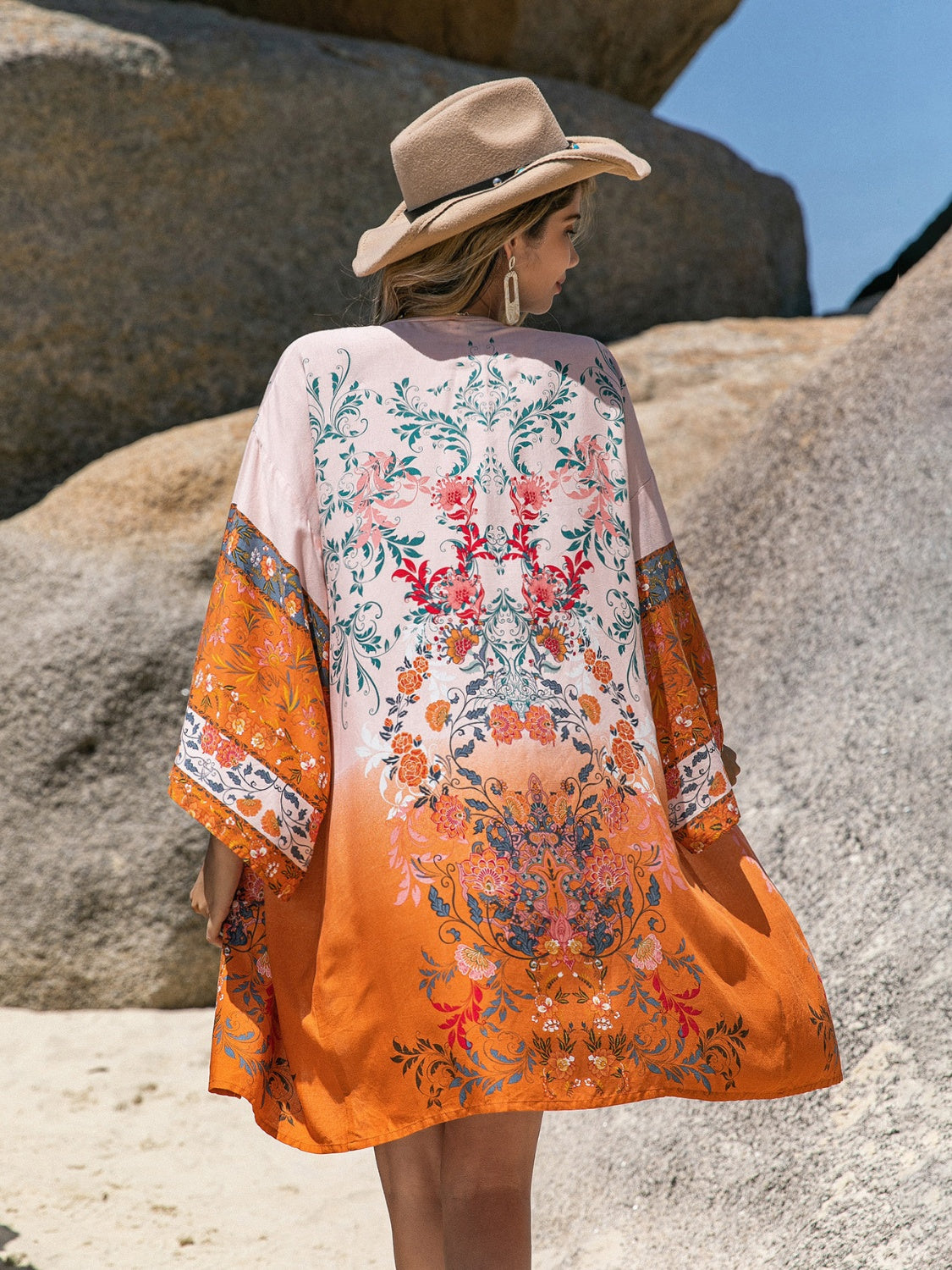 Back View of Printed Open Front Long Sleeve Cover-Up – Comfortable & Fashionable