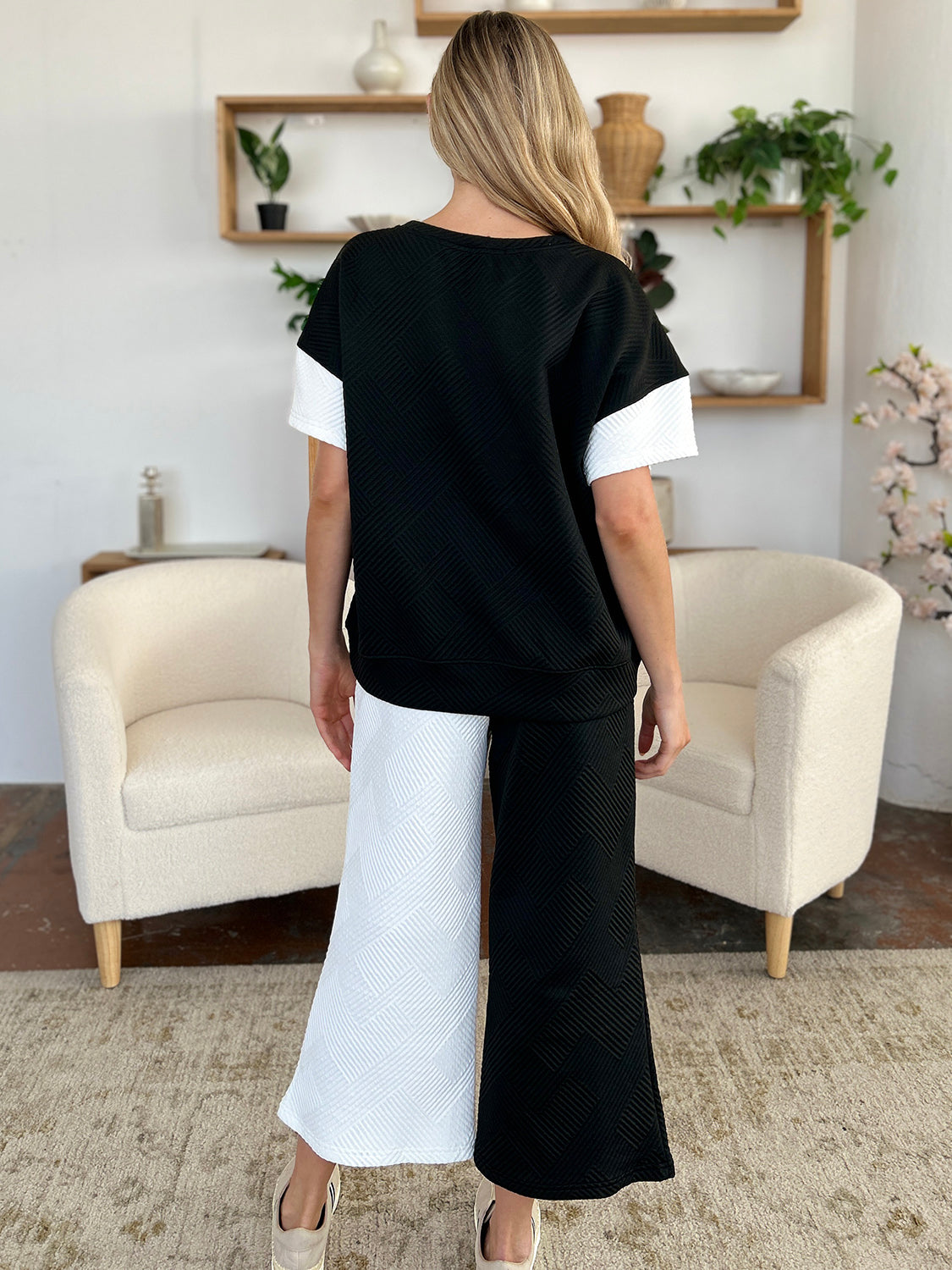 Double Take Full Size Texture Contrast T-Shirt and Wide Leg Pants Set | Stylish Women’s Lounge Set - Filoré