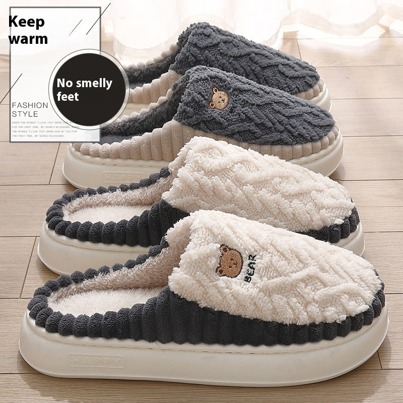 Cozy bear plush slippers for couples with soft fleece lining.