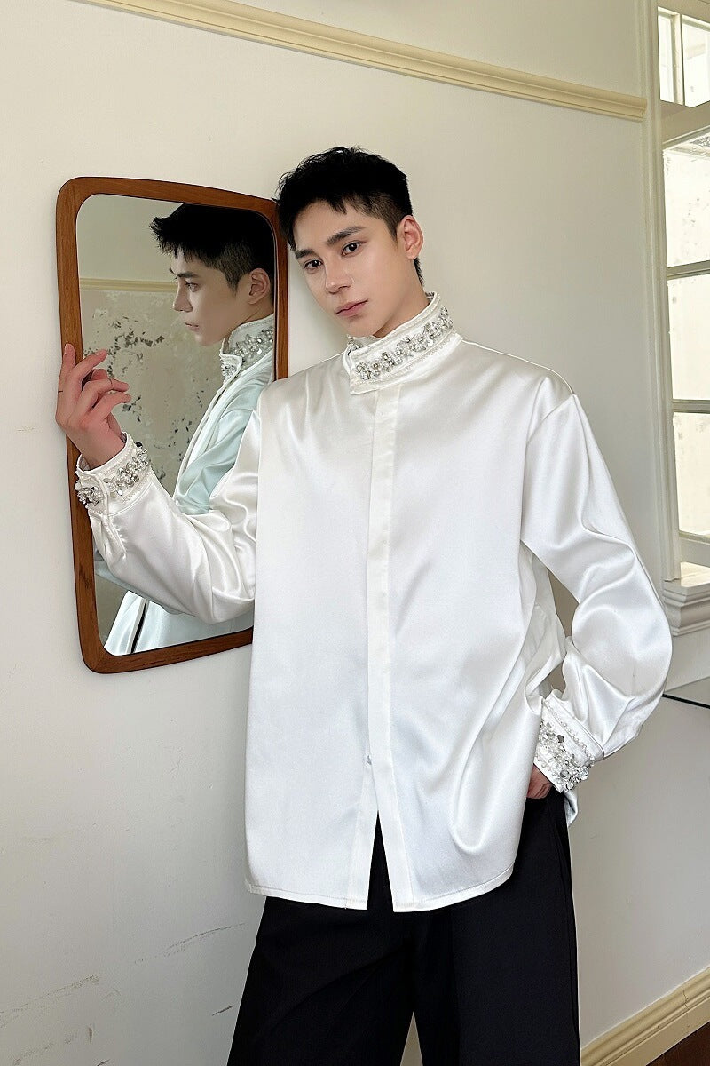 Gao Ding Long Sleeve Shirt with Dazzling Rhinestone and Sequin Design