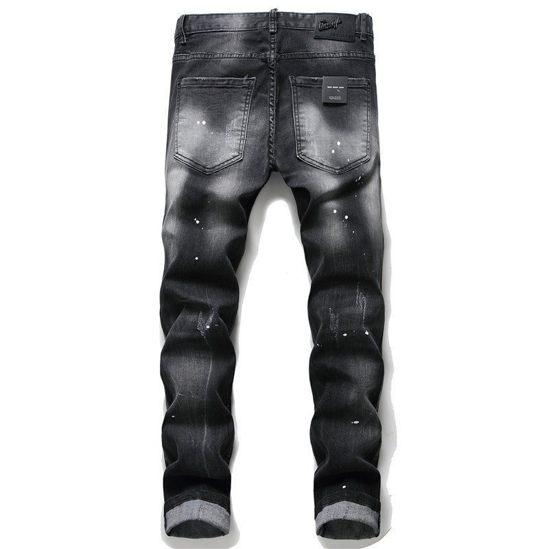 Stylish Broken Paint Distressed Slim Fit Jeans for Men