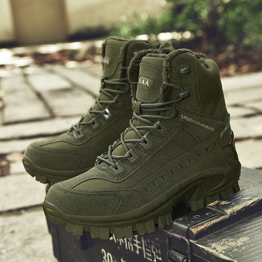 Combat winter fleece-lined snow boots for men offering warmth and durability.