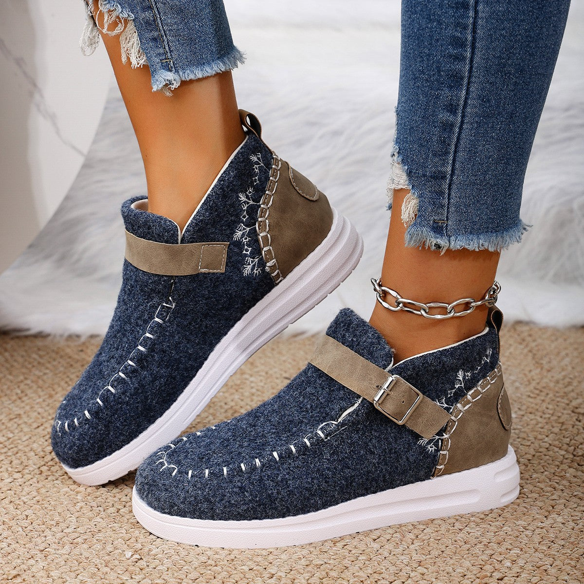 Contrast Round Toe Buckle Sneakers worn on foot, highlighting comfort and style