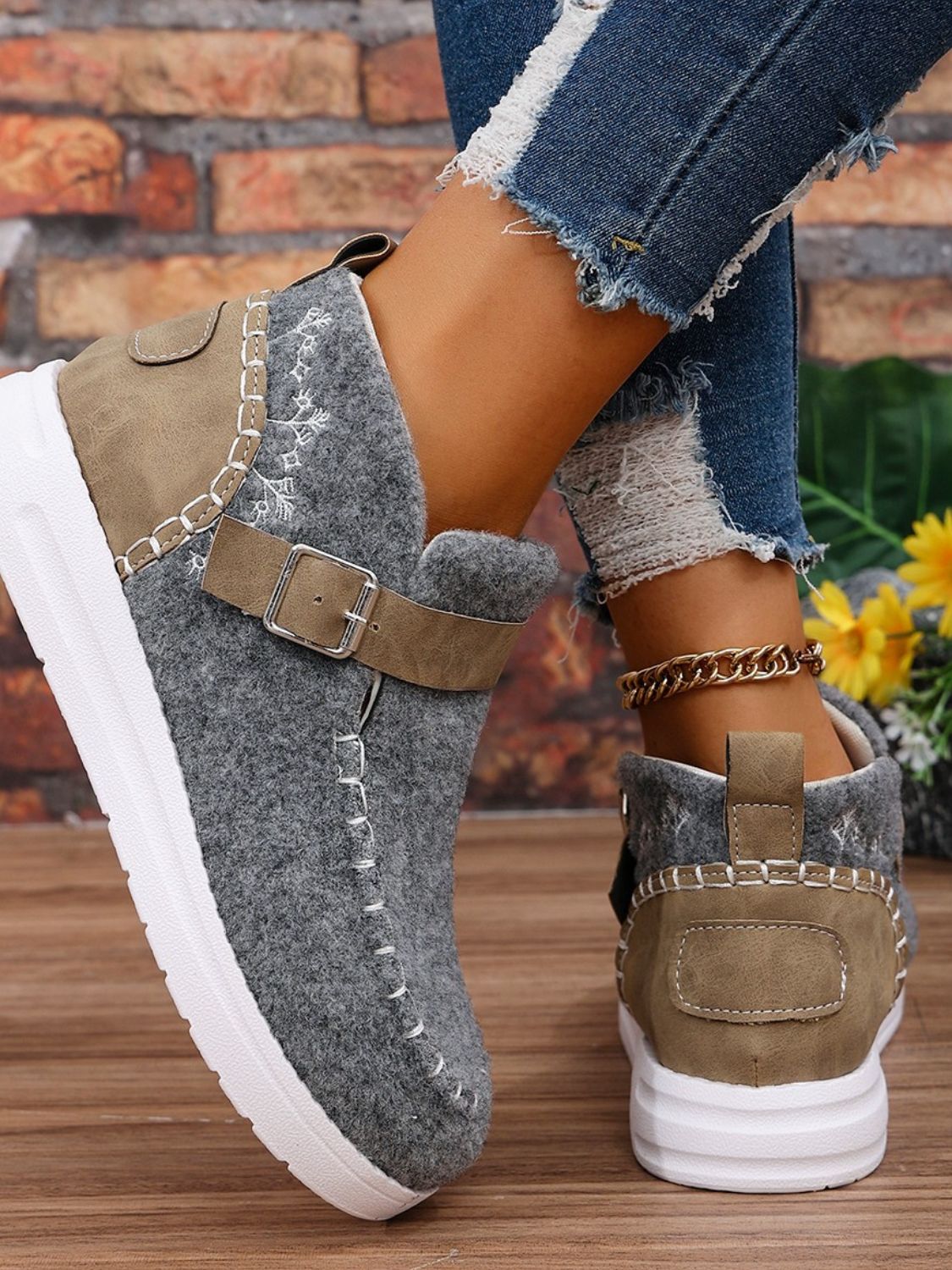 Contrast Round Toe Buckle Sneakers worn on foot, highlighting comfort and style