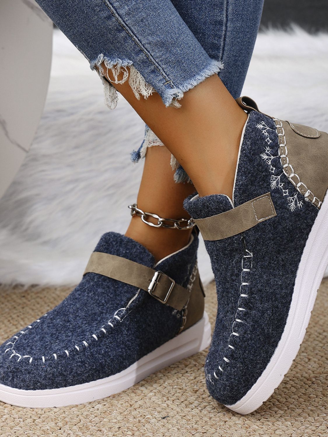 Pairing Contrast Round Toe Buckle Sneakers with jeans for a trendy look