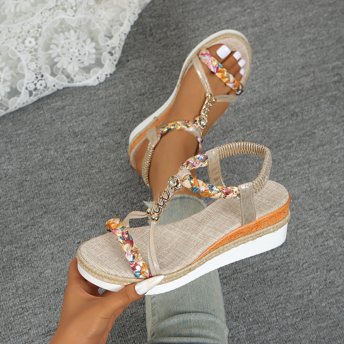 Top view of Contrast Woven Wedge Sandals, highlighting the woven texture and style