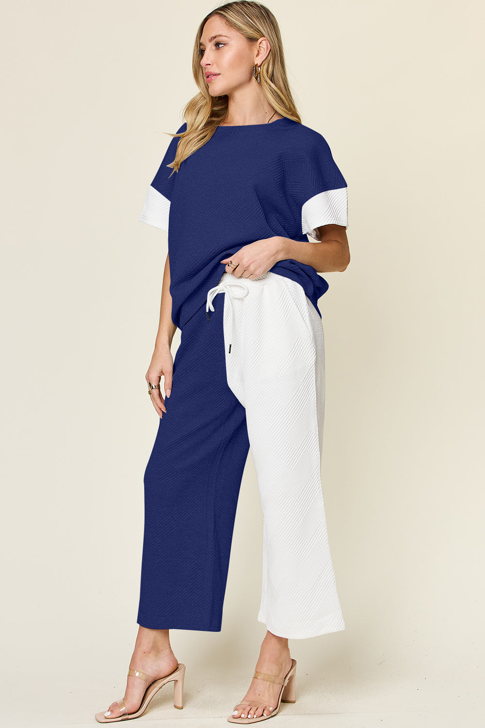 Double Take Full Size Texture Contrast T-Shirt and Wide Leg Pants Set | Stylish Women’s Lounge Set - Filoré