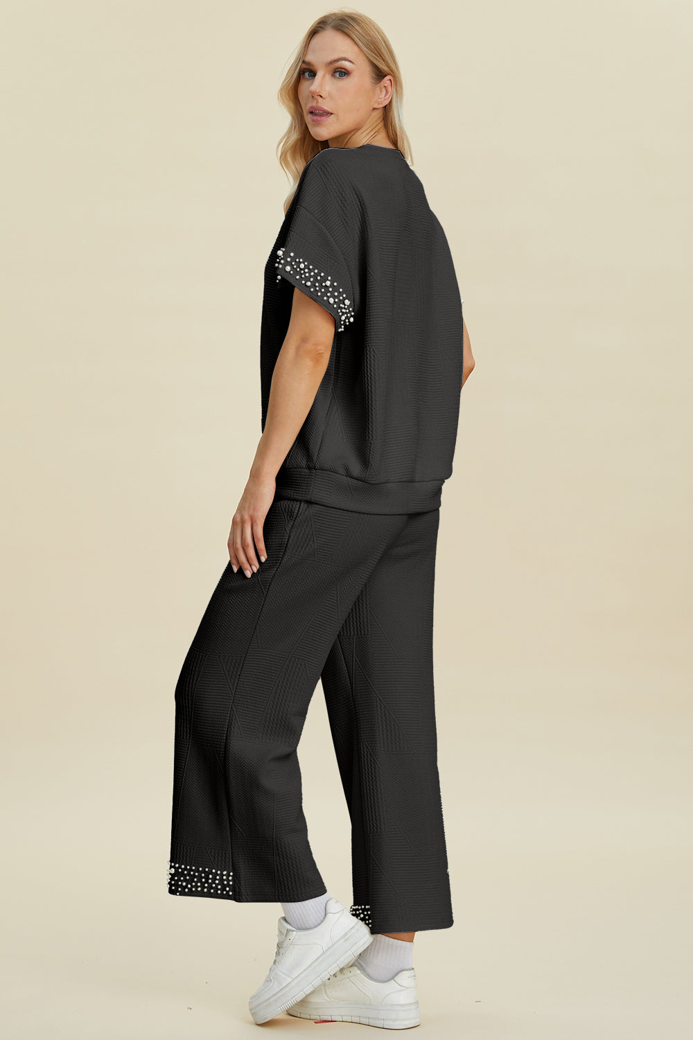 Double Take Full Size Pearl Detail Round Neck Top and Pants Set | Stylish Women’s Outfit - Filoré