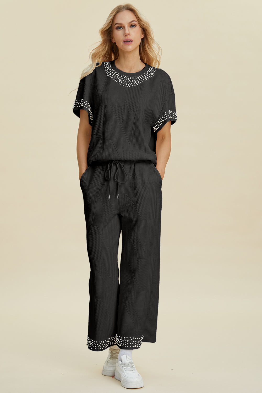 Double Take Full Size Pearl Detail Round Neck Top and Pants Set | Stylish Women’s Outfit - Filoré