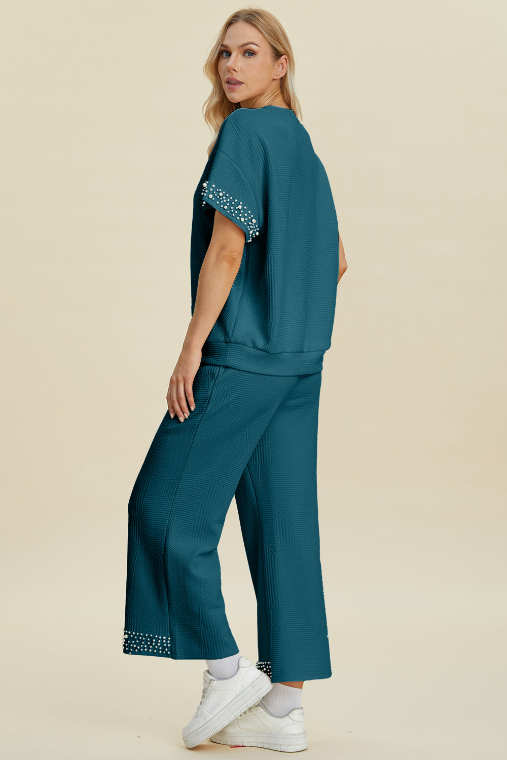 Double Take Full Size Pearl Detail Round Neck Top and Pants Set | Stylish Women’s Outfit - Filoré