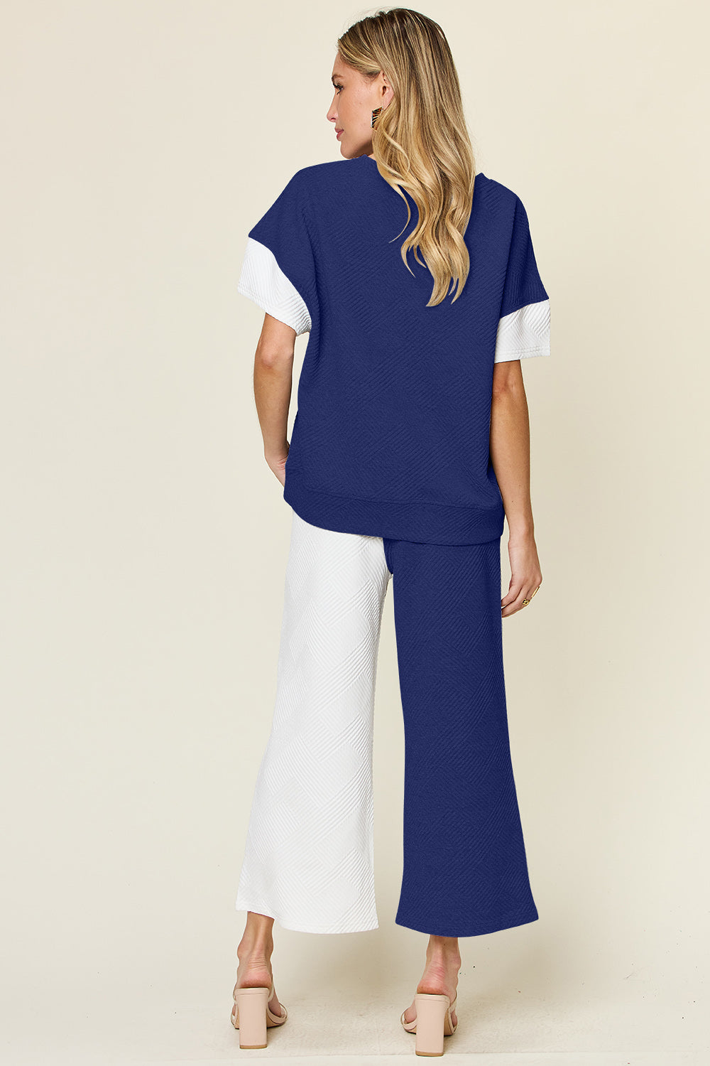 Double Take Full Size Texture Contrast T-Shirt and Wide Leg Pants Set | Stylish Women’s Lounge Set - Filoré