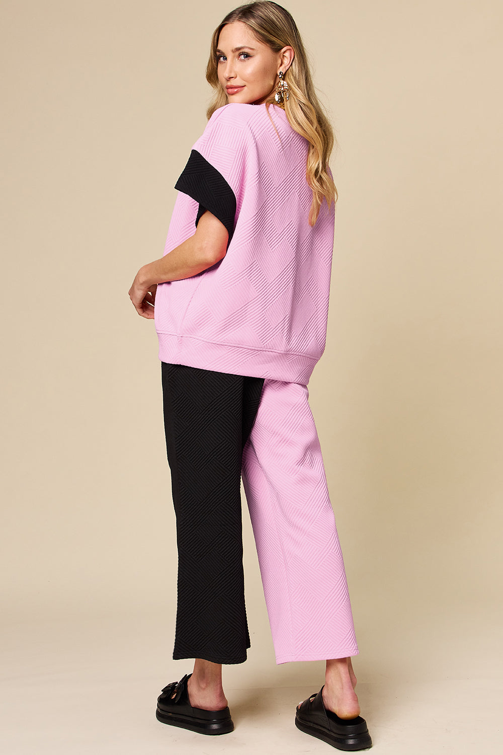 Double Take Full Size Texture Contrast T-Shirt and Wide Leg Pants Set | Stylish Women’s Lounge Set - Filoré