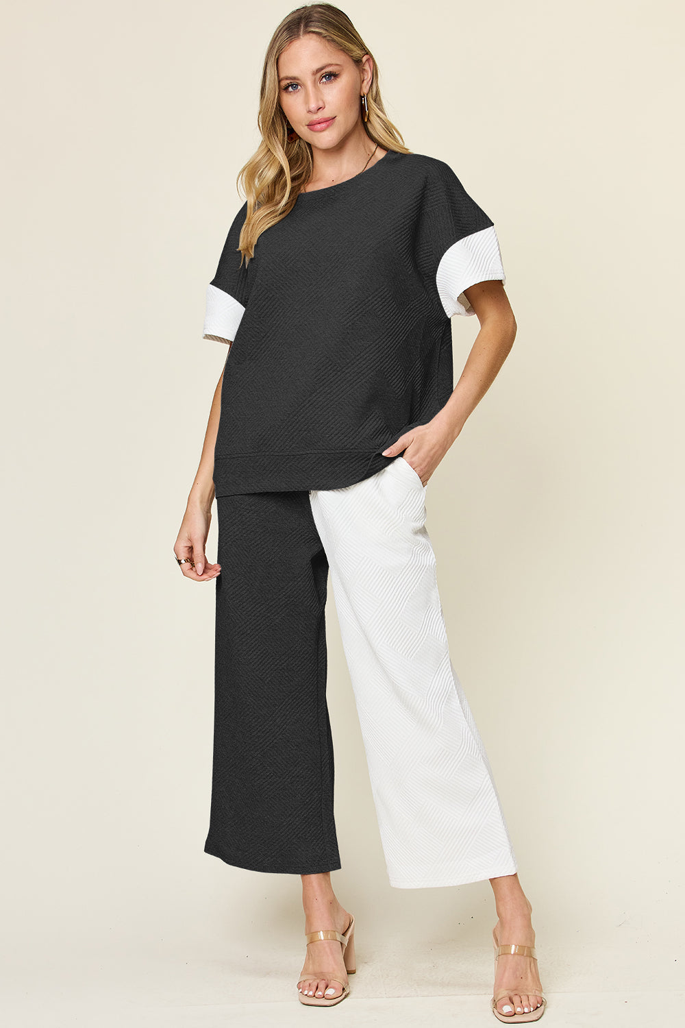 Double Take Full Size Texture Contrast T-Shirt and Wide Leg Pants Set | Stylish Women’s Lounge Set - Filoré