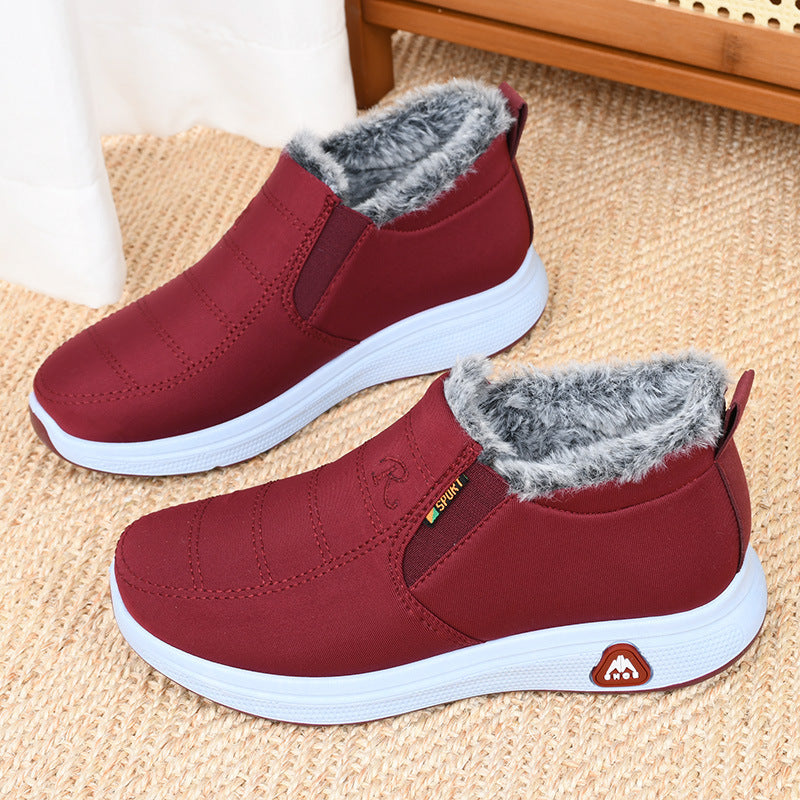 Comfortable cotton-padded winter shoes for elderly with fleece lining for warmth.