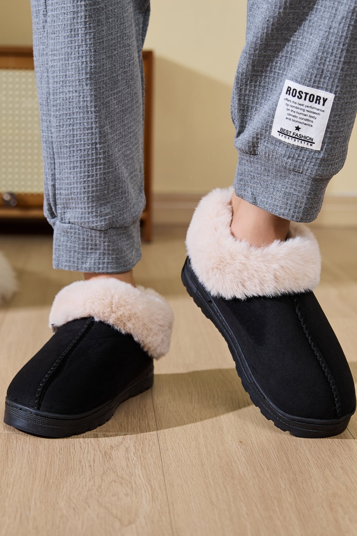 Close-up of the Faux Fur Round Toe Platform Slippers highlighting the soft faux fur texture and stitching details.