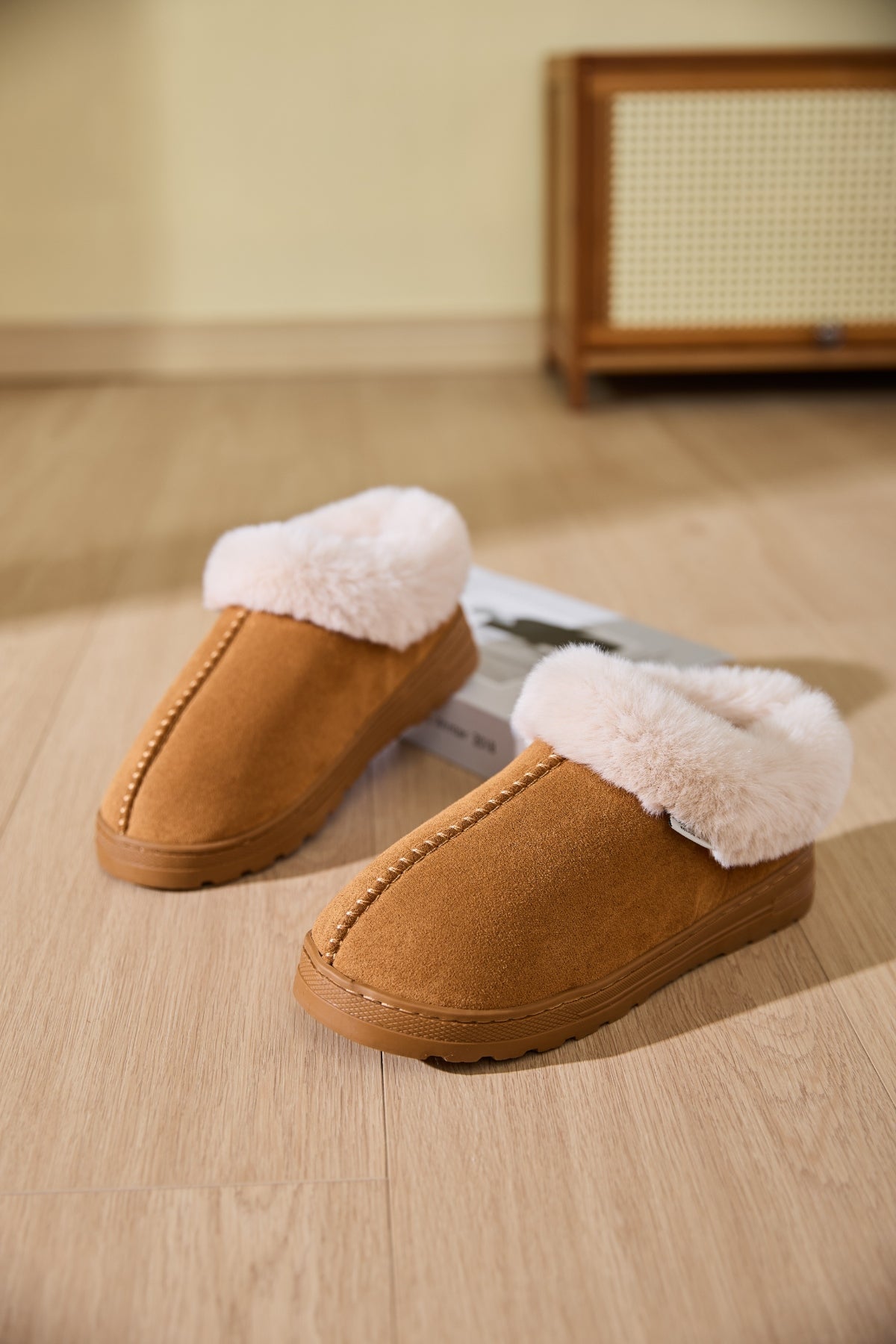 Faux Fur Round Toe Platform Slippers styled for the winter season, offering warmth and comfort for chilly days.