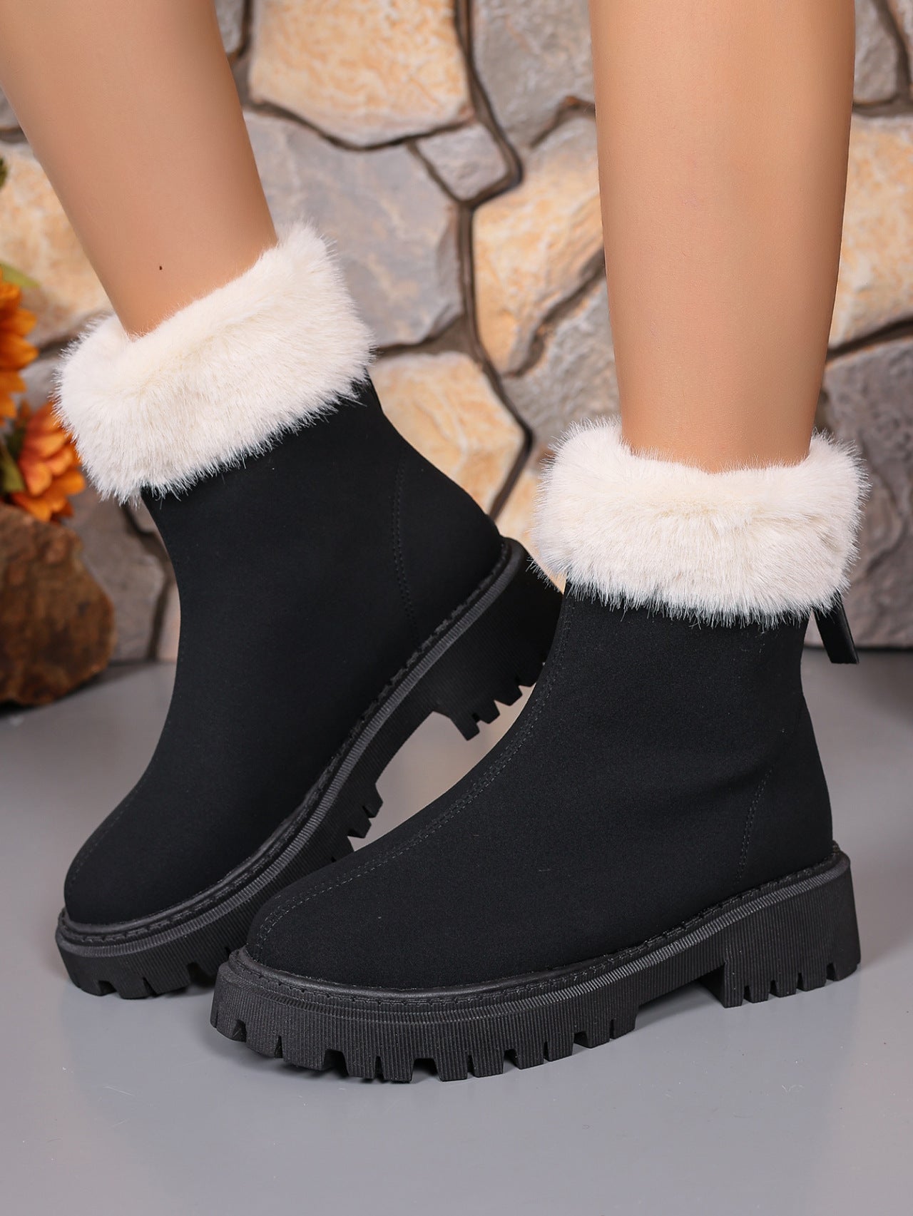  Faux Fur Trim Suede Platform Boots in black, featuring a plush faux fur trim and stylish platform sole.