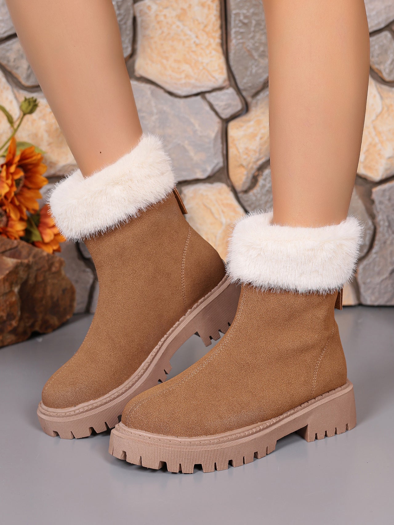 Side view of Faux Fur Trim Suede Platform Boots, highlighting the smooth suede material and faux fur detailing.