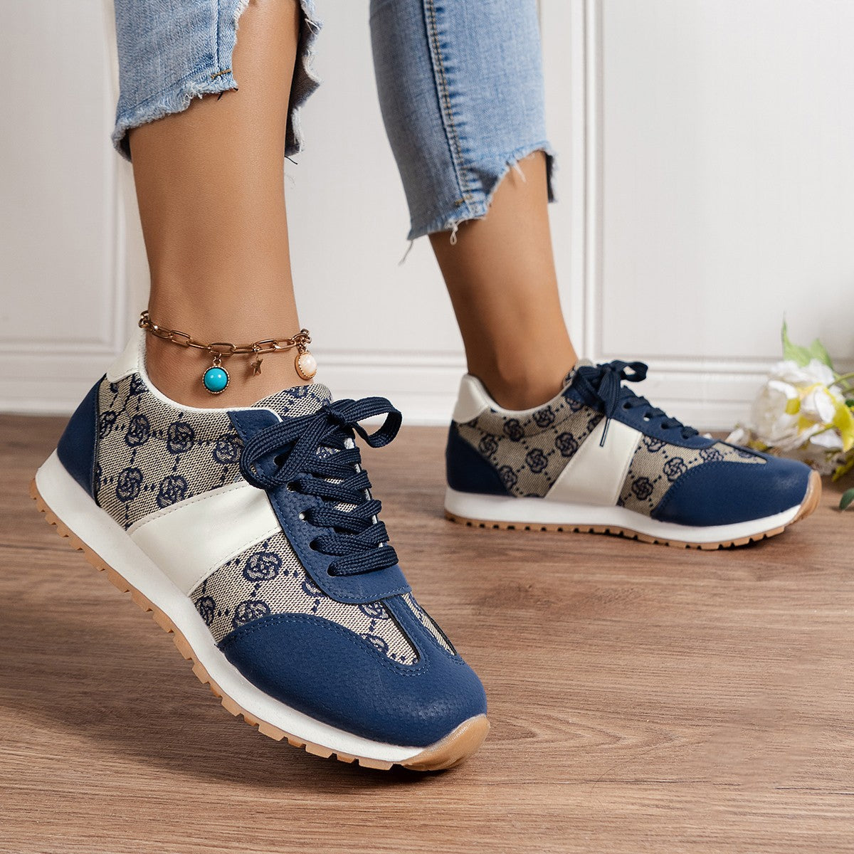 Floral Round Toe Flat Sneakers in blue, perfect for a vibrant, comfortable casual look.