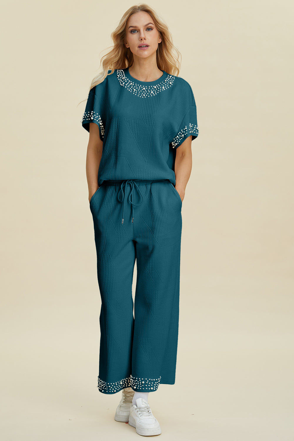 Double Take Full Size Pearl Detail Round Neck Top and Pants Set | Stylish Women’s Outfit - Filoré