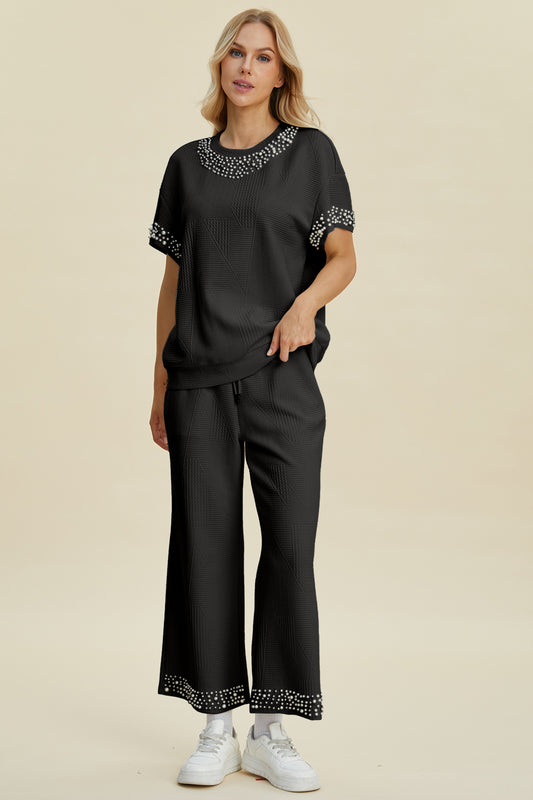 Double Take Full Size Pearl Detail Round Neck Top and Pants Set | Stylish Women’s Outfit - Filoré