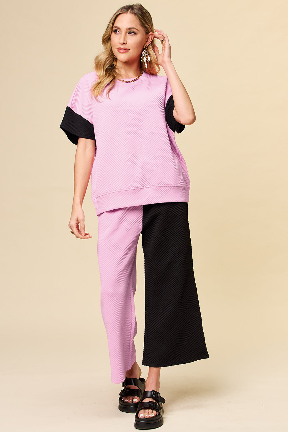 Double Take Full Size Texture Contrast T-Shirt and Wide Leg Pants Set | Stylish Women’s Lounge Set - Filoré