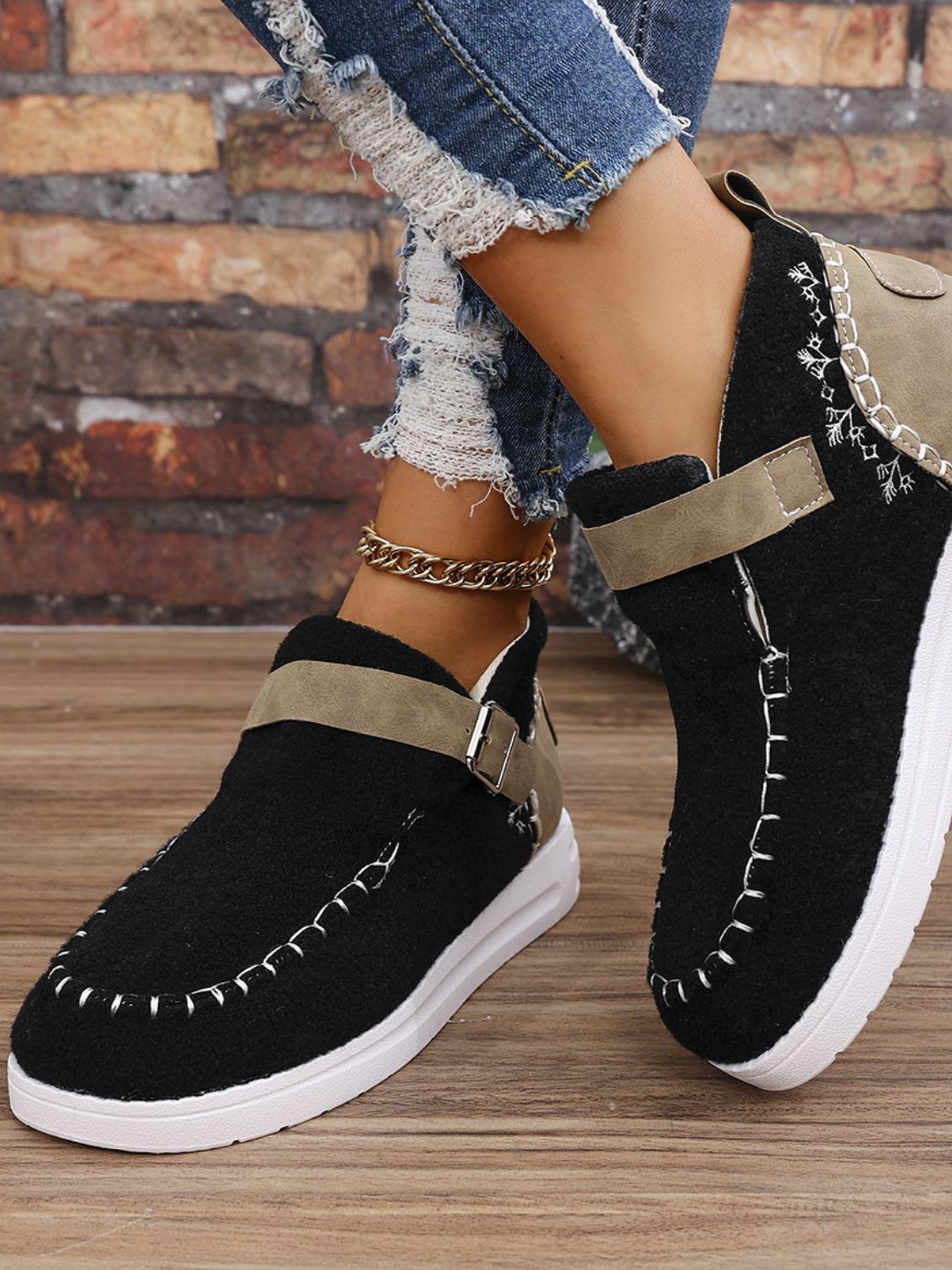 Full view of Contrast Round Toe Buckle Sneakers for everyday use