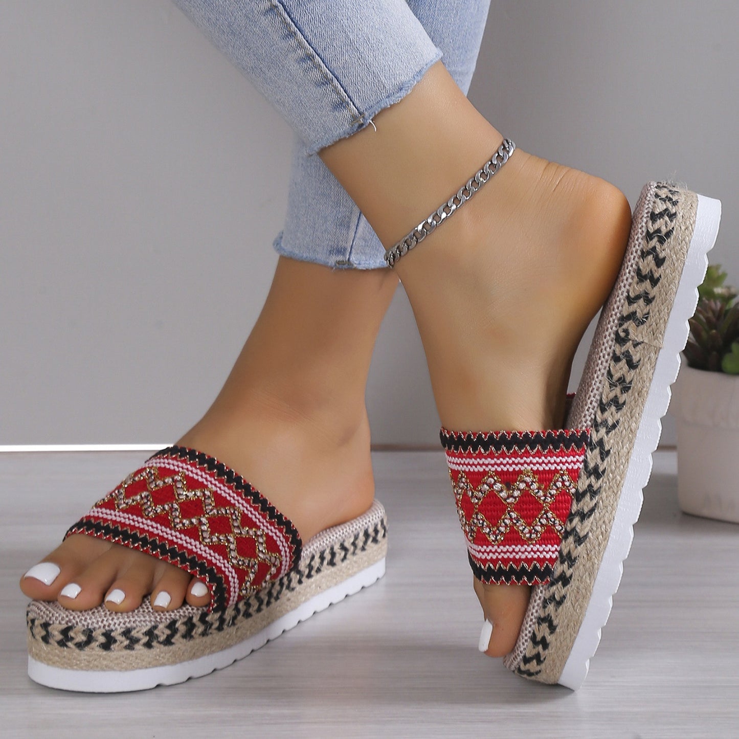 Geometric Weave Platform Sandals styled for an elegant, casual day out, offering a blend of comfort and chic style.