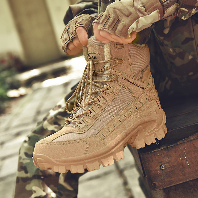 Insulated combat boots for men with fleece lining designed for winter conditions.