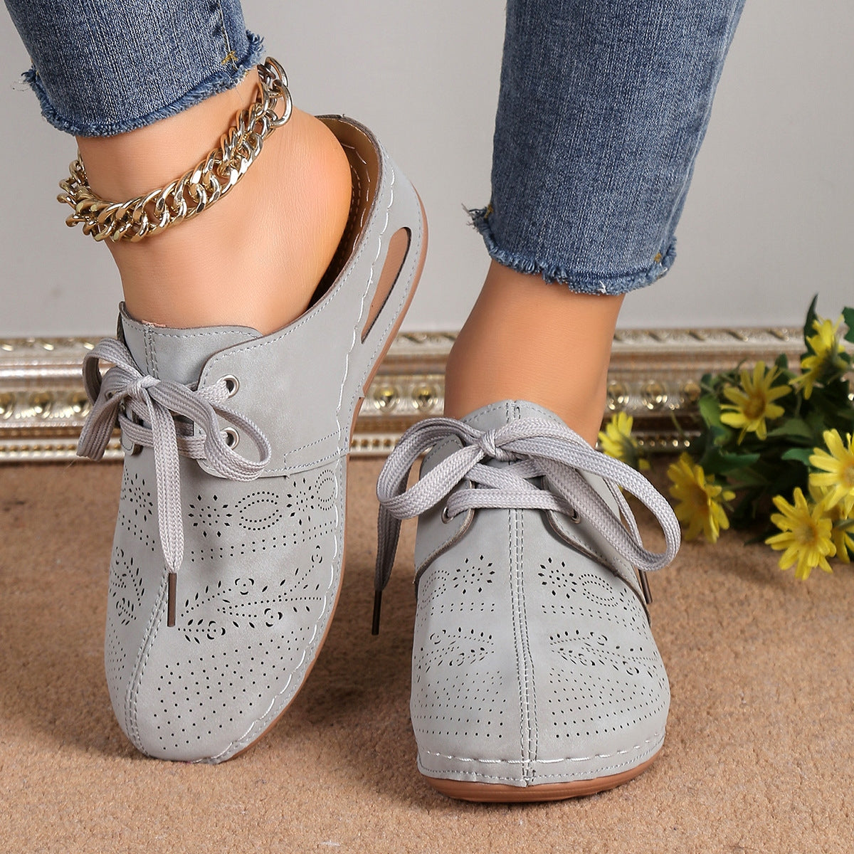 Lace-Up Round Toe Wedge Sandals paired with a summer outfit, perfect for adding a touch of style to casual wear.