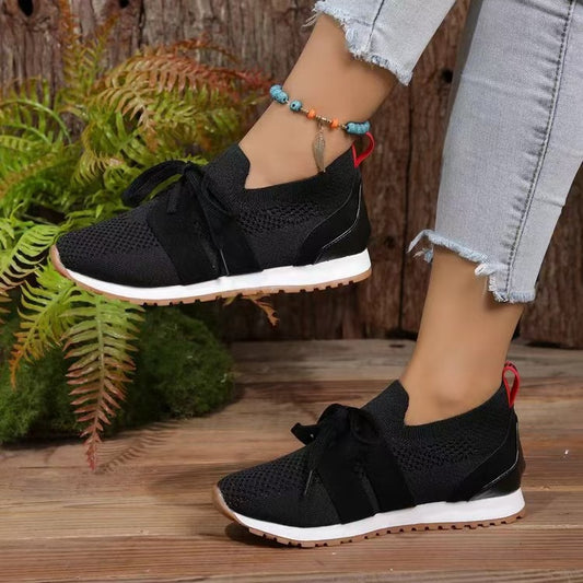 Lace Up Round Toe Woven Athletic Shoes in black, featuring a breathable woven design and secure lace-up closure.