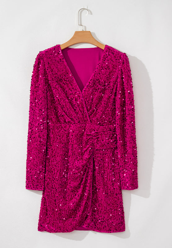 Front View of Sequin Surplice Long Sleeve Mini Dress – Perfect for Parties