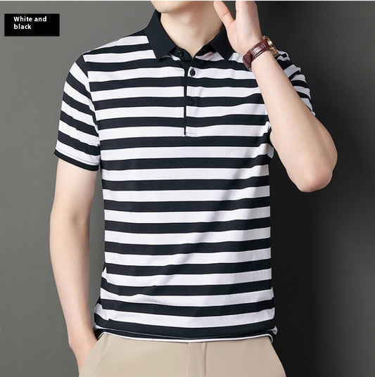 Men’s cotton ice silk polo t-shirt with striped design for summer