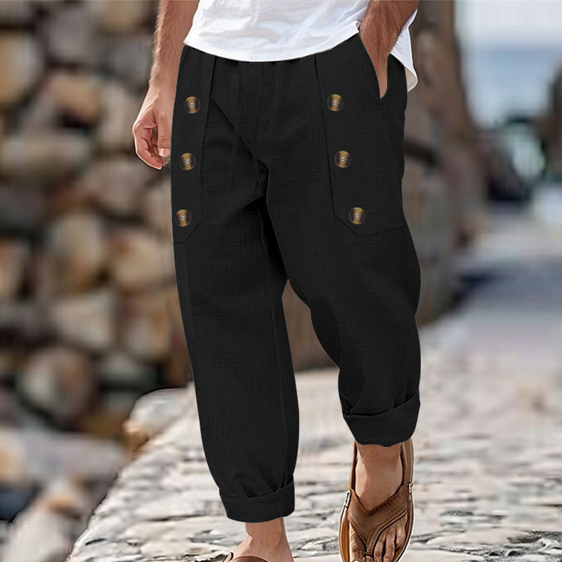 Men’s cotton and linen trousers with button details, perfect for beach style