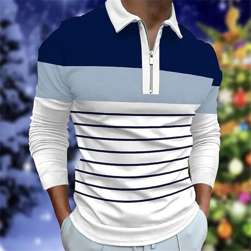 Men’s Long Sleeve Polo Shirt with Color Matching Zipper – Front View