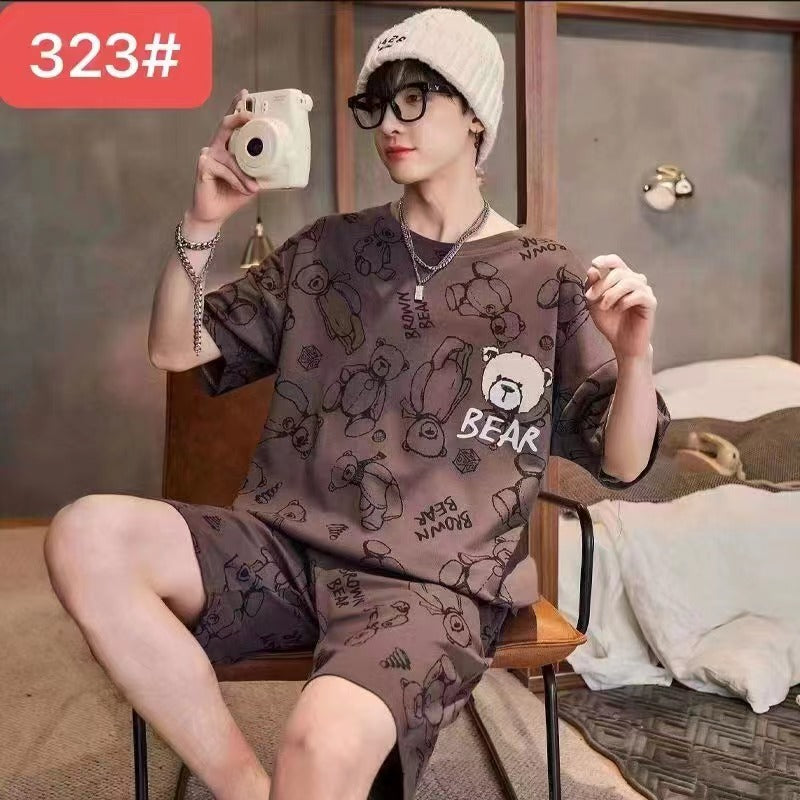 Men’s Summer Short Sleeve Shorts Suit in Korean style, offering a cool and relaxed fit.