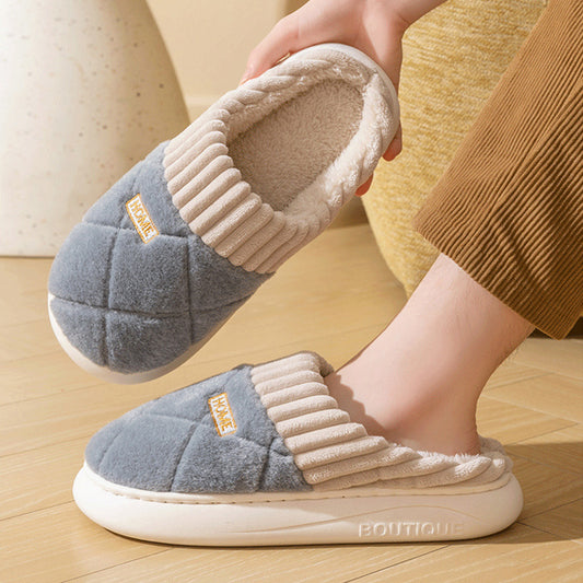 Men's and women's plush rhombic-sewing slippers for winter comfort.