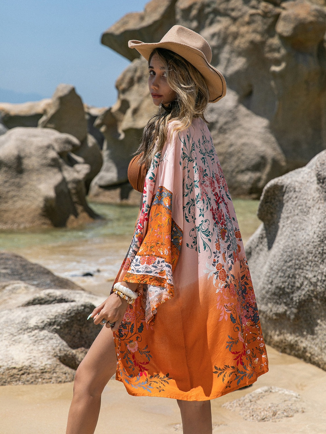 Model Wearing Printed Open Front Long Sleeve Cover-Up – Perfect for the Beach