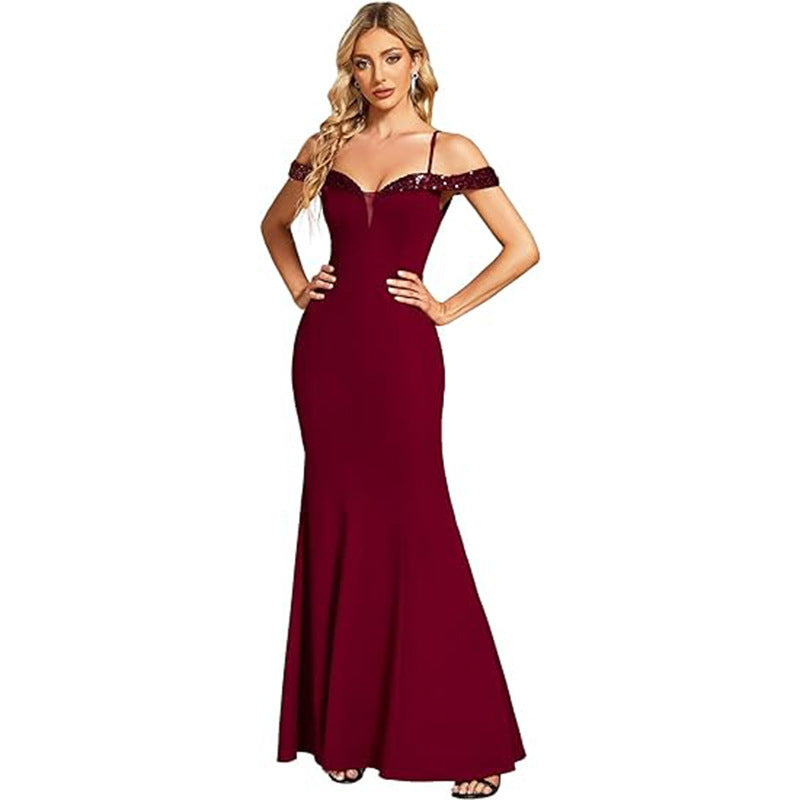 Off-neck Dress with Sling Straps – Perfect for Formal Events
