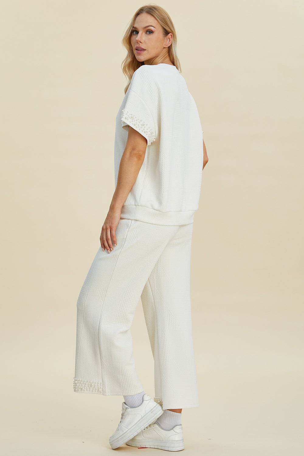 Double Take Full Size Pearl Detail Round Neck Top and Pants Set | Stylish Women’s Outfit - Filoré