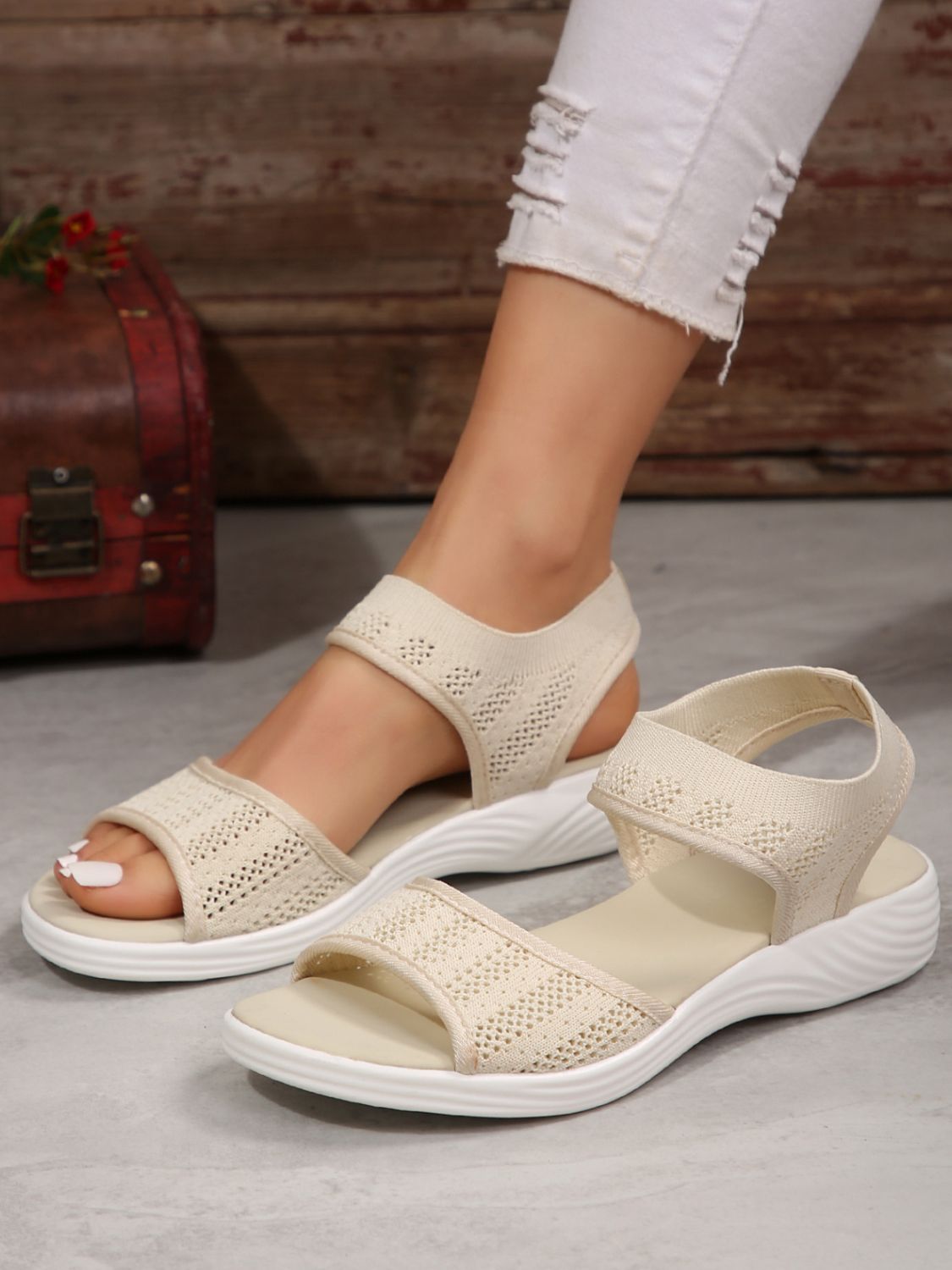 Beige Peep Toe Cloth Sandals offering a stylish and breathable design for summer comfort.