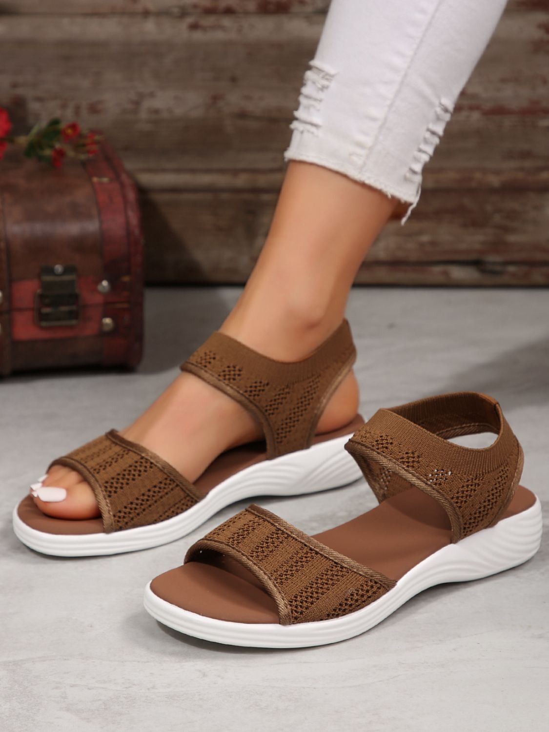 Brown Peep Toe Cloth Sandals, designed with soft fabric for a stylish yet comfortable fit.