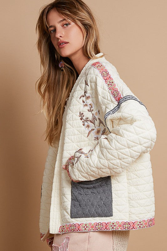 POL Embroidered Open Front Long Sleeve Jacket | Stylish & Elegant - Filoré