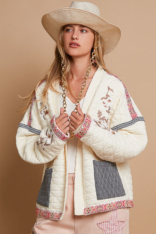 POL Embroidered Open Front Long Sleeve Jacket | Stylish & Elegant - Filoré