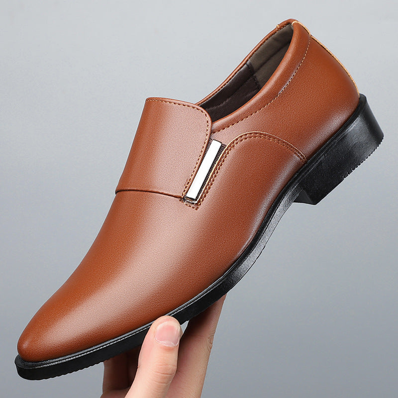 Premium leather slip-on business shoes for men with a pointed toe.