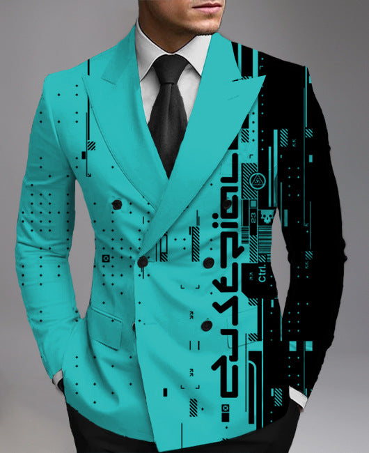 Close-up of Men’s Printed Suit Jacket with Detailed Pattern Design