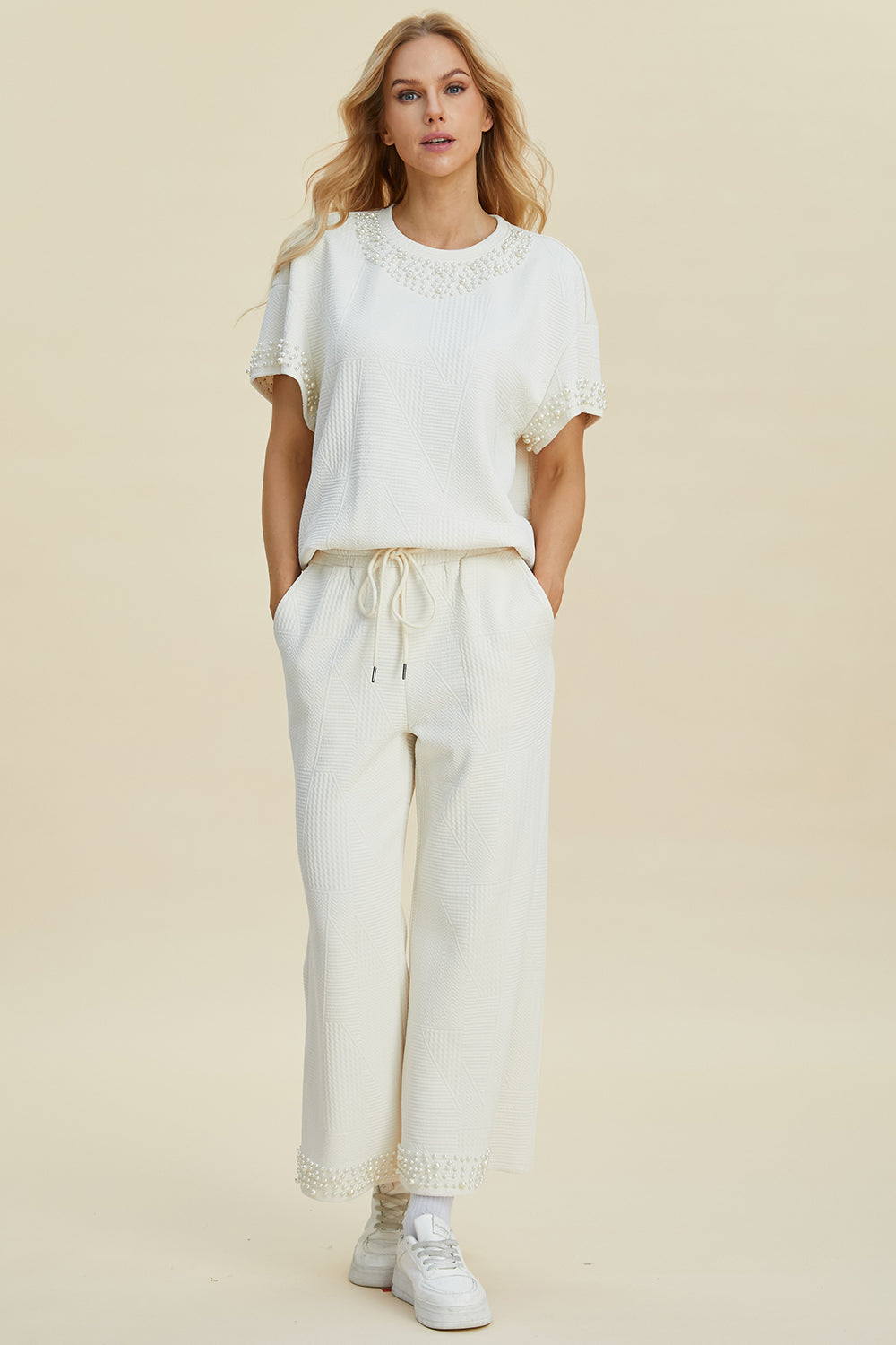 Double Take Full Size Pearl Detail Round Neck Top and Pants Set | Stylish Women’s Outfit - Filoré