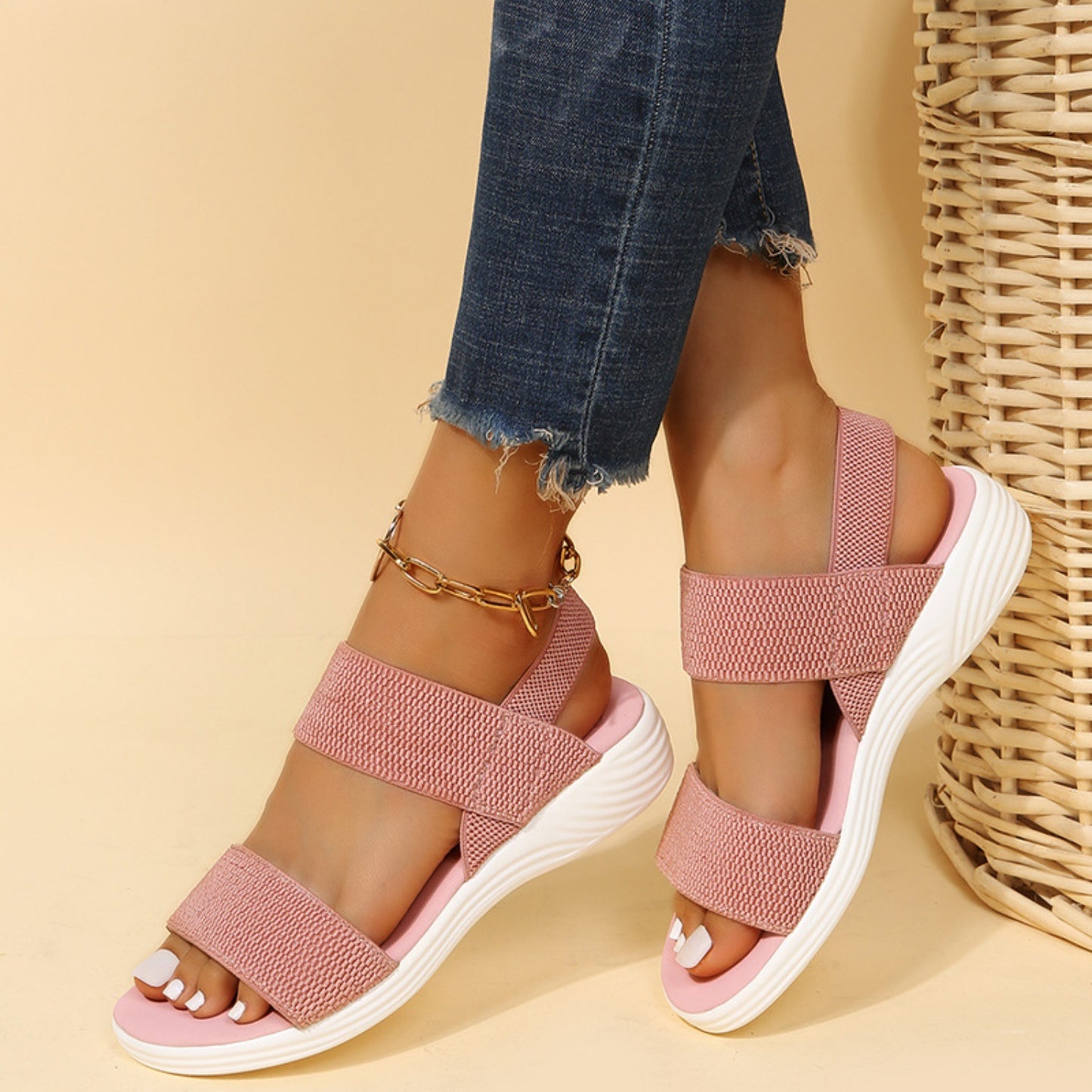 Rubber Open Toe Low Heel Sandals styled with a casual outfit for easygoing days out.