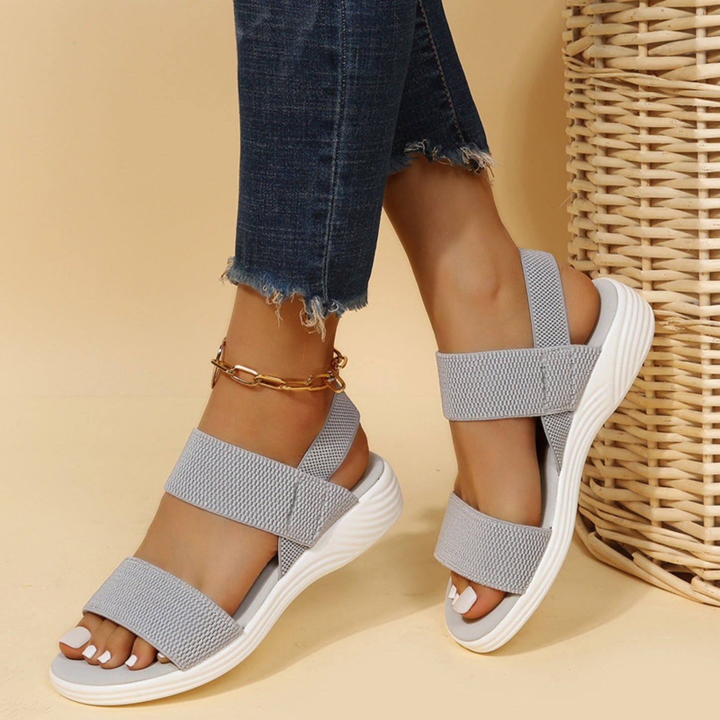 Model wearing Rubber Open Toe Low Heel Sandals paired with a casual outfit for a relaxed look.