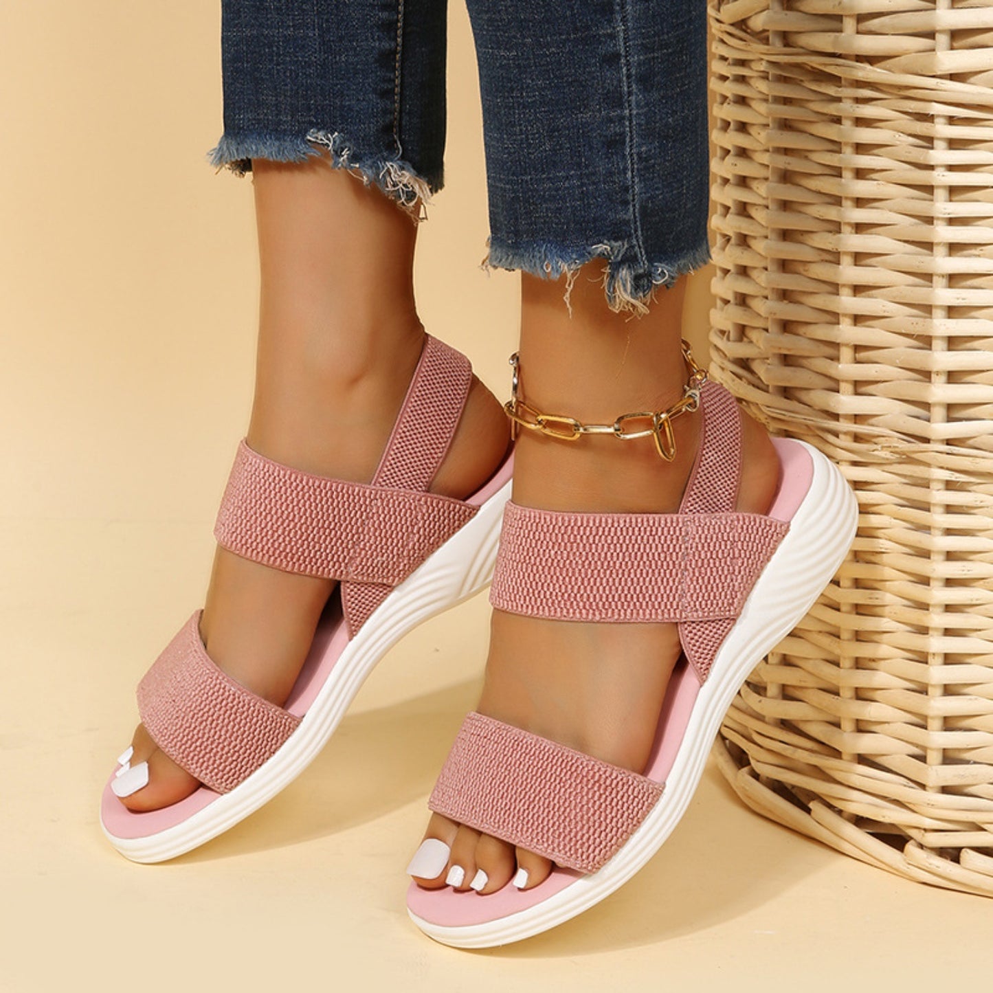 Rubber Open Toe Low Heel Sandals paired with relaxed pants for a casual yet stylish look.